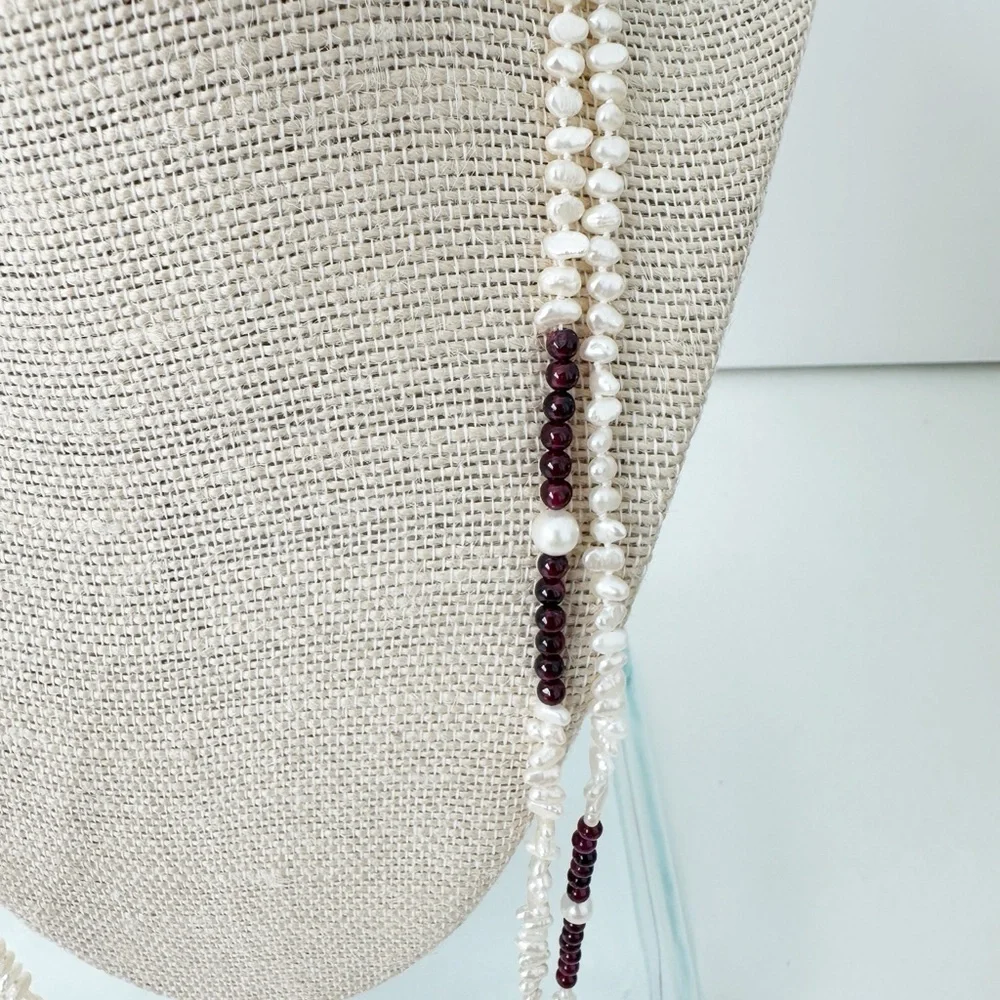 Genuine Pearls & Garnet Necklace White Red 64